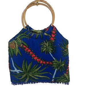 Vintage Tropical Beaded Fringe Bamboo Handle Blue Palm Trees Tiki Handbag